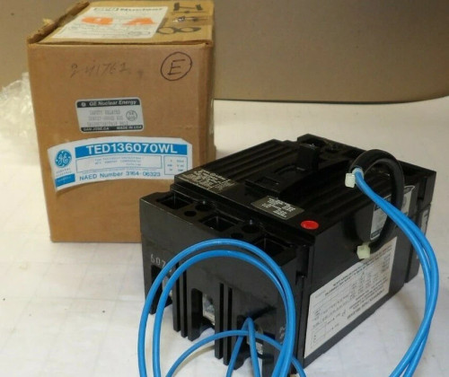 NEW GE 70 AMP 3 POLE CIRCUIT BREAKER W UNDERVOLTAGE RELEASE 600 VAC TED136070