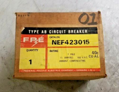 New FPE 15 Amp Circuit Breaker 480 VAC 2 Pole NEF423015
