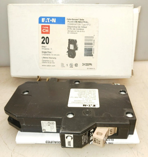 New Eaton Plug On Neutral AFCI Circuit Breaker 20 Amp 1 Pole 120 VAC CH120GFPN