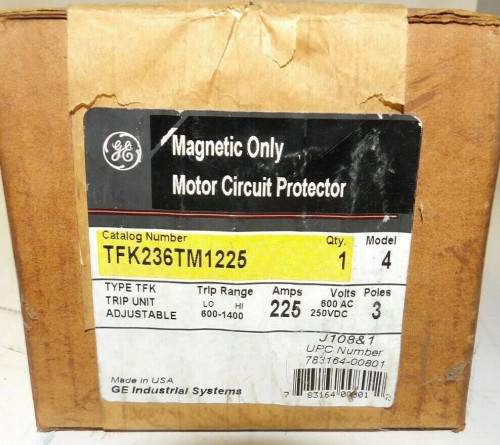 NEW GE MAGNETIC MOTOR CIRCUIT PROTECTOR 225AMP 3POLE TFK TRIP UNIT TFK236TM1225