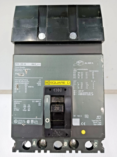 New Square D 20 Amp I-Line Circuit Breaker 600 VAC / 250 VDC 3 Pole 25kA FH36020