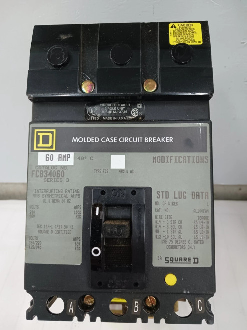 NEW SQUARE D 60 AMP CIRCUIT BREAKER 3 POLE 480 VAC FCB34060