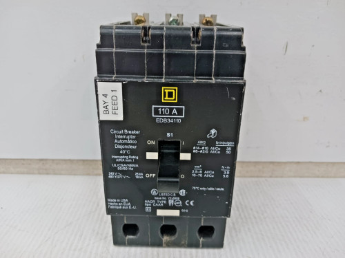 Square D 110 Amp Bolt-On Circuit Breaker 3 Pole 480Y/277 VAC 18kA EDB34110