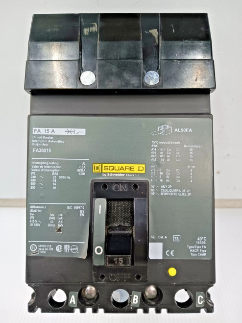 Square D 15 Amp I-Line Circuit Breaker 3 Pole 600 VAC / 250 VDC FA36015 *Green*