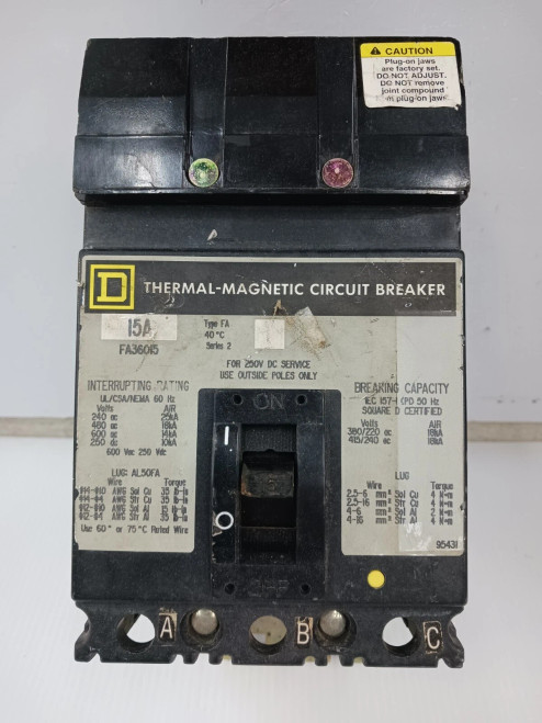 SQUARE D 15 AMP I-LINE CIRCUIT BREAKER 3 POLE 600 VAC / 250 VDC FA36015