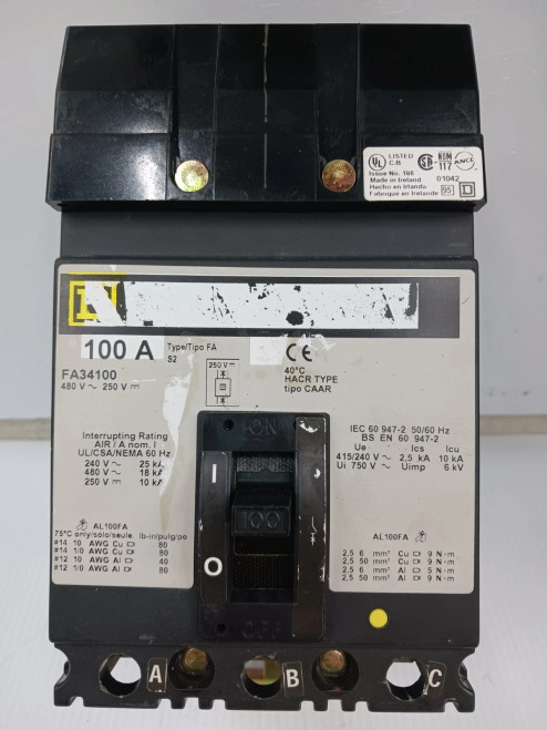 Square D 100 Amp I-Line Circuit Breaker 3 Pole 480 VAC / 250 VDC FA34100 *Gray*