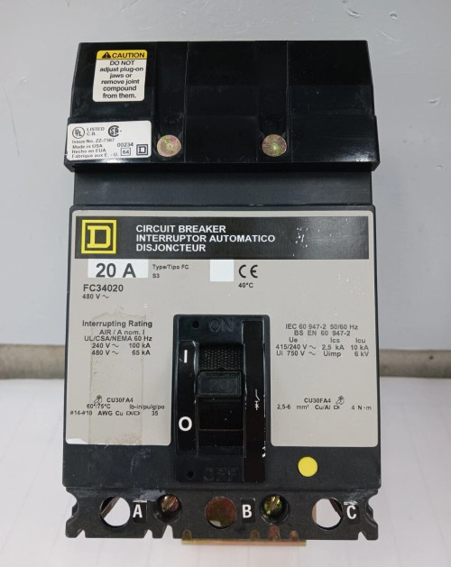 SQUARE D 20 AMP CIRCUIT BREAKER 3 POLE 480 VAC FC34020 #1