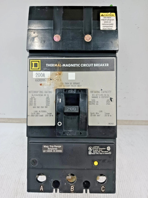 Square D 200 Amp I-Line Thermal-Magnetic Circuit Breaker 3 Pole 600 VAC KA36200