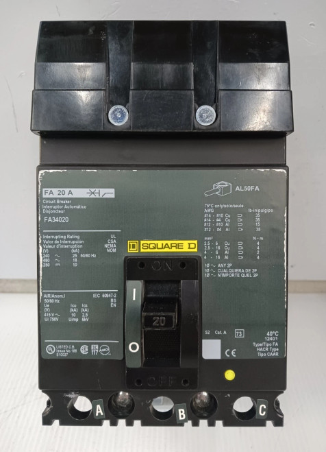 Square D 20 Amp I-Line Circuit Breaker 3 Pole 480 VAC / 250 VDC 18kA FA34020