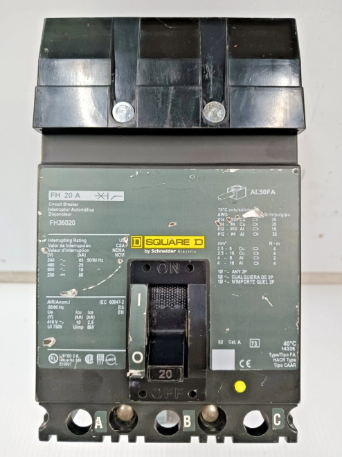 Square D 20 Amp I-Line Circuit Breaker 3 Pole 600 VAC / 250 VDC 25kA FH36020