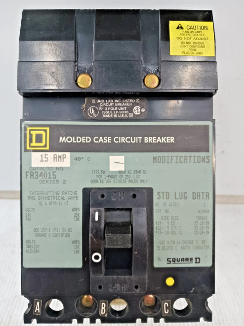 Square D 15 Amp I-Line Molded Case Circuit Breaker 3 Pole 480 VAC 18kA FA34015