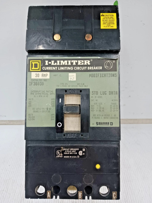 Square D 30 Amp Circuit Breaker 3 Pole 600 VAC 100kA IF36030 *Flaw*