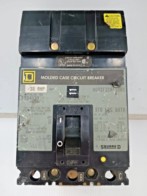 Square D 30 Amp I-Line Molded Case Circuit Breaker 3 Pole 480 VAC FA34030