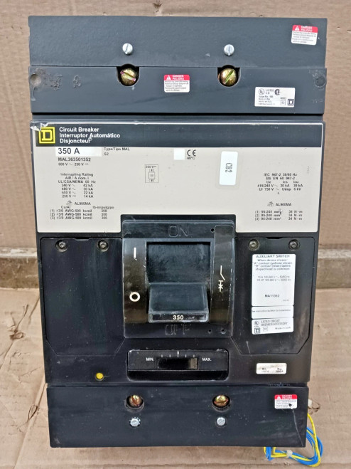 Square D 350 Amp Circuit Breaker 3 Pole 600 VAC 30kA MAL363501352 W/ Aux Switch