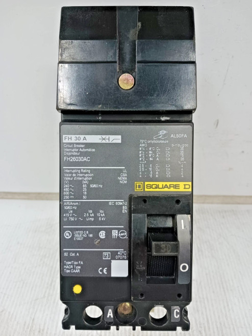 Square D 30 Amp I-Line Circuit Breaker 2 Pole 600 VAC / 250 VDC 25kA FH26030AC