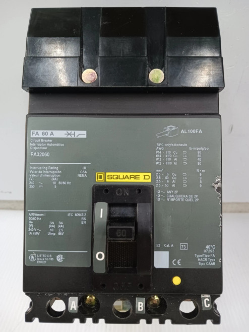 Square D 60 Amp I-Line Circuit Breaker 3 Pole 240 VAC FA32060 *Green Label*