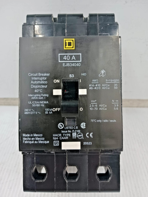 Square D 40 Amp Bolt-On Circuit Breaker 3 Pole 480Y/277 VAC 65kA EJB34040