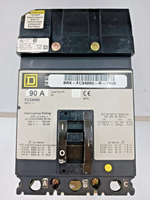Square D 90 Amp I-Line Circuit Breaker 3 Pole 480 VAC 65kA FC34090 (Flaw)
