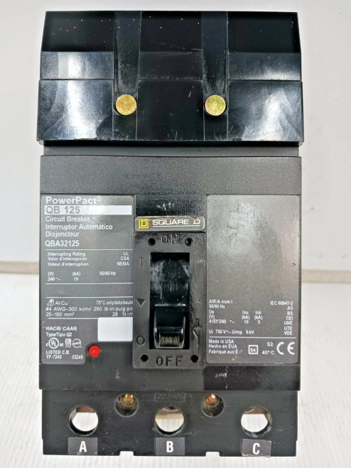 Square D PowerPact 125 Amp I-Line Circuit Breaker 3 Pole 240 VAC 10kA QBA32125