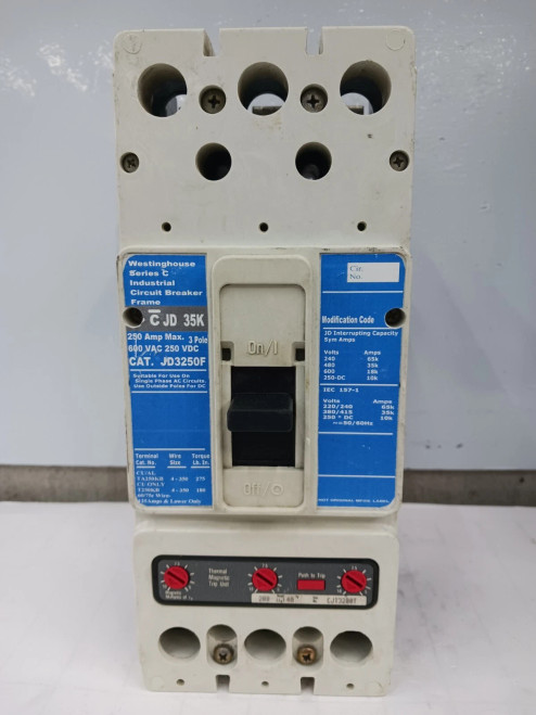 WESTINGHOUSE 250 AMP CIRCUIT BREAKER 3 POLE 600 VAC JD3250F W/ 200 A TRIP (FLAW)