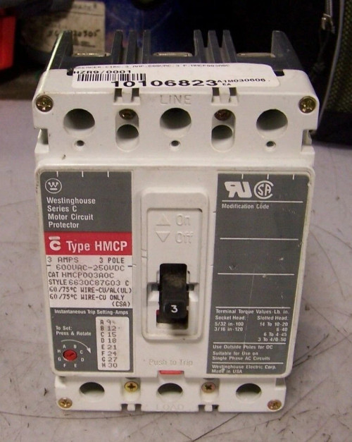 WESTINGHOUSE 3 AMP CIRCUIT BREAKER 600 VAC 3 POLE HMCP003A0C