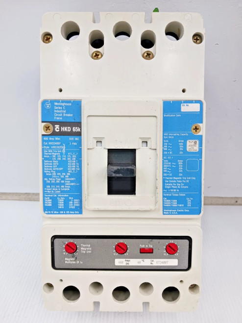 Westinghouse 400 Amp Circuit Breaker 3 Pole 600 VAC 65kA HKD3400F W/ 400A Trip