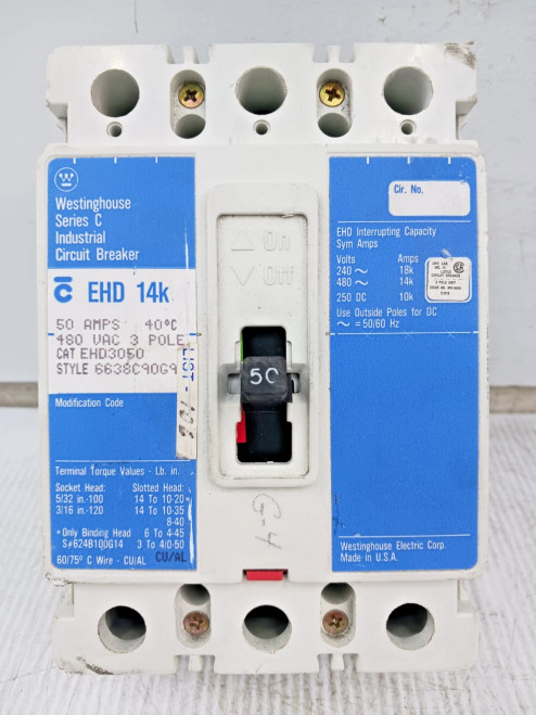 Westinghouse 50 Amp Circuit Breaker 3 Pole 480 VAC / 250 VDC 14kA EHD3050