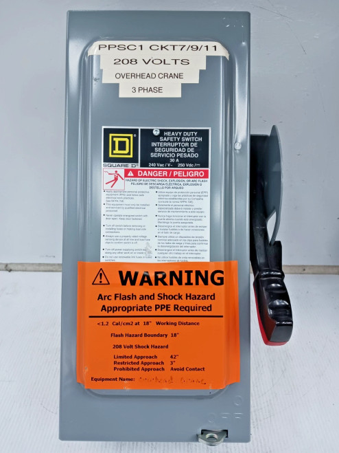 Square D 30 Amp Fusible Safety Switch 3 Pole 240 VAC / 250 VDC H321N