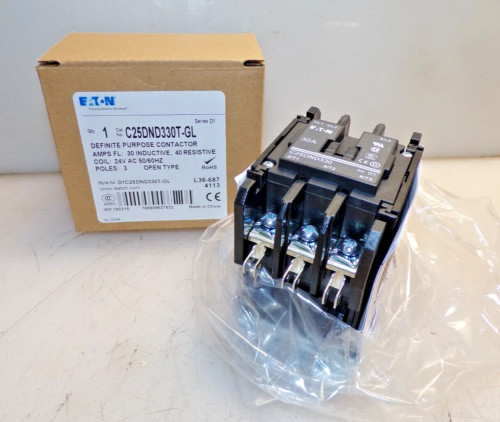 New Eaton 30 Amp Definite Purpose Contactor 3 Pole 24 VAC Coil C25DND330T-GL