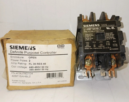 NEW SIEMENS DEFINITE PRUPOSE CONTACTOR 2 POLE 30 AMP 480 VAC 42BF15AHBLZ