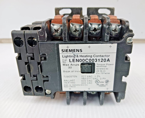 SIEMENS 30 AMP LIGHTING & HEATING CONTACTOR 600 VAC 3 PHASE LEN00C003120A