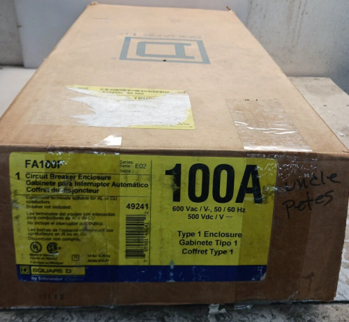 NEW SQUARE D FA100F 100 AMP 600 VAC CIRCUIT BREAKER ENCLOSURE NEMA TYPE 1