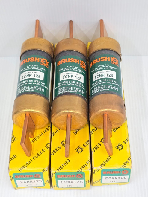 (3) New Brush 125 Amp Dual-Element Time-Delay Fuses 250 VAC Class RK5 ECNR125