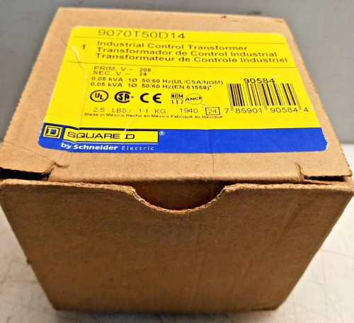 New Square D 0.05 KVA Control Transformer 208 V Primary 24 V Sec 9070T50D14