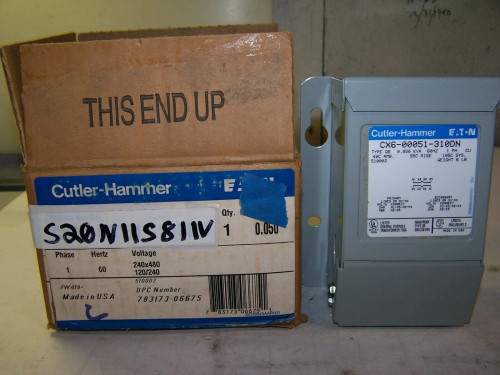 NEW CUTLER HAMMER 0.050 KVA TRANSFORMER 240/480 HIGH 120/240 LOW CX6-00051-310DN
