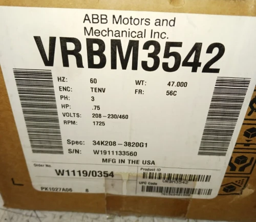 NEW BALDOR .75 HP AC BRAKE MOTOR 56C FRAME 208-230/460 VAC 1725 RPM TENV VRB3542