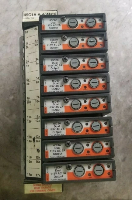 RELIANCE AUTOMATE 45C1A PROGRAMMABLE CONTROLLER W/ 8 45C60 MODULES 120 VAC