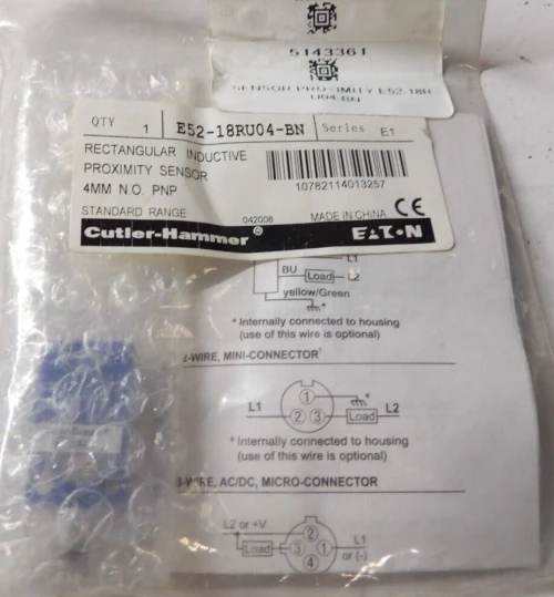 NEW EATON 4 MM N.O. RECTANGULAR INDUCTIVE PROXIMITY SENSOR E52-18RU04-BN