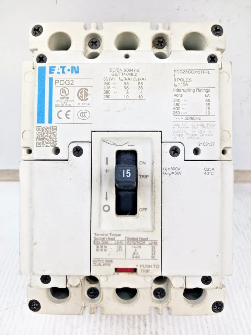 Eaton 15 Amp Circuit Breaker 3 Pole 600 VAC / 250 VDC PDG23G0015TFFL