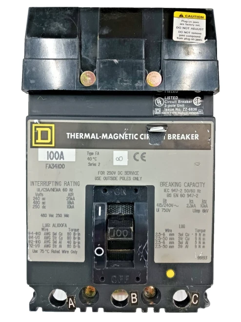 Square D 100 Amp I-Line Circuit Breaker 3 Pole 480 VAC FA34100 *Flaw*