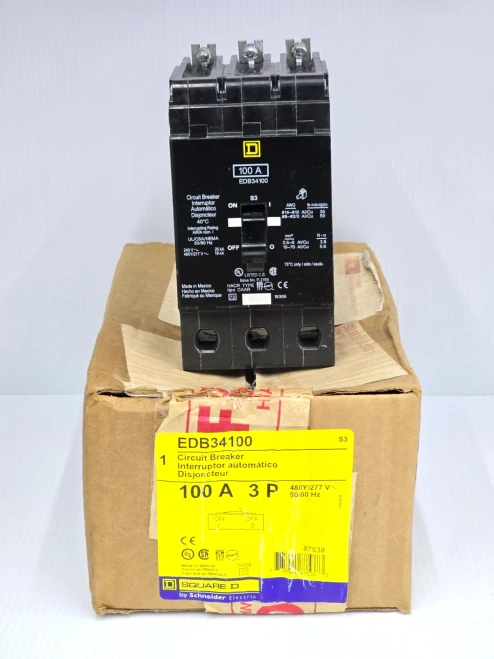 New Square D 100 Amp Bolt-On Circuit Breaker 480Y/277 VAC 3 Pole 25 kA EDB34100