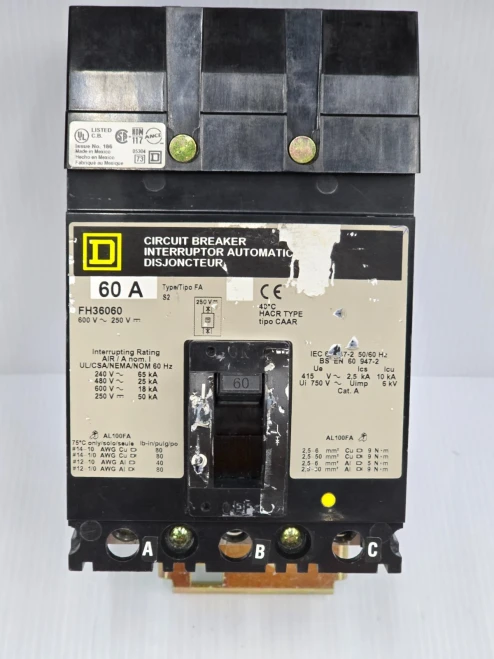 Square D 60 Amp I-Line Circuit Breaker 600 VAC 3 Pole 65 kA FH36060