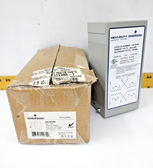 New Emerson 0.100 KVA Transformer 240/480V PRI 120/240V SEC 3R 1 PH HS1B100