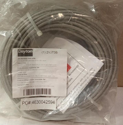 NEW DAYTON 2VJT3B 304 STAINLESS STEEL CABLE 7X19 STRAND CORE 1/8-3/16" 100 FT