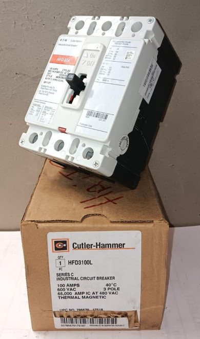NEW CUTLER HAMMER HFD3100L 100 AMP CIRCUIT BREAKER 3 POLE 600 VAC 100kA @ 240V