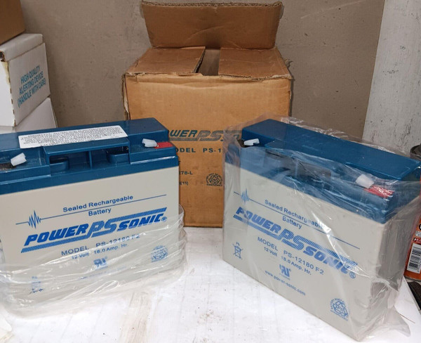BOX OF 2) NEW POWERSONIC 12V RECHARGEABLE BATTERY 18 AMP HRS MODEL- PS-12180F2