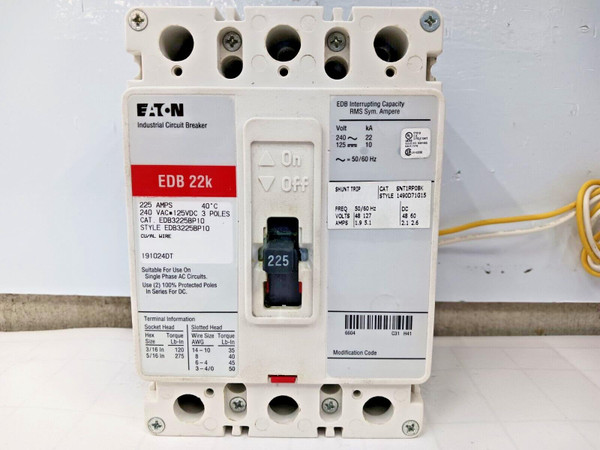 EATON 225 AMP CIRCUIT BREAKER 3 POLE 240 VAC EDB3225BP10 W/ SHUNT TRIP