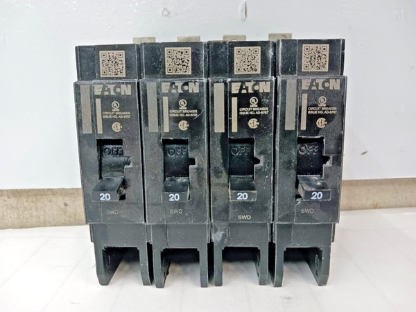 LOT OF FOUR) EATON 20 AMP CIRCUIT BREAKER 1 POLE 277 VAC HGHB1020