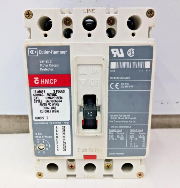 CUTLER HAMMER 15 AMP MOTOR CIRCUIT PROTECTOR 3 POLE 600 VAC HMCP015E0L
