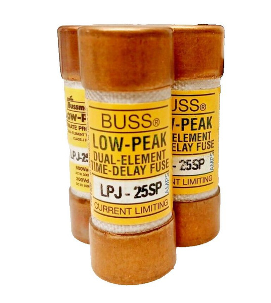 3) BUSSMANN LOW PEAK 25 AMP FUSES 600 VAC / 300 VDC  LPJ-25SP  LOT OF 3